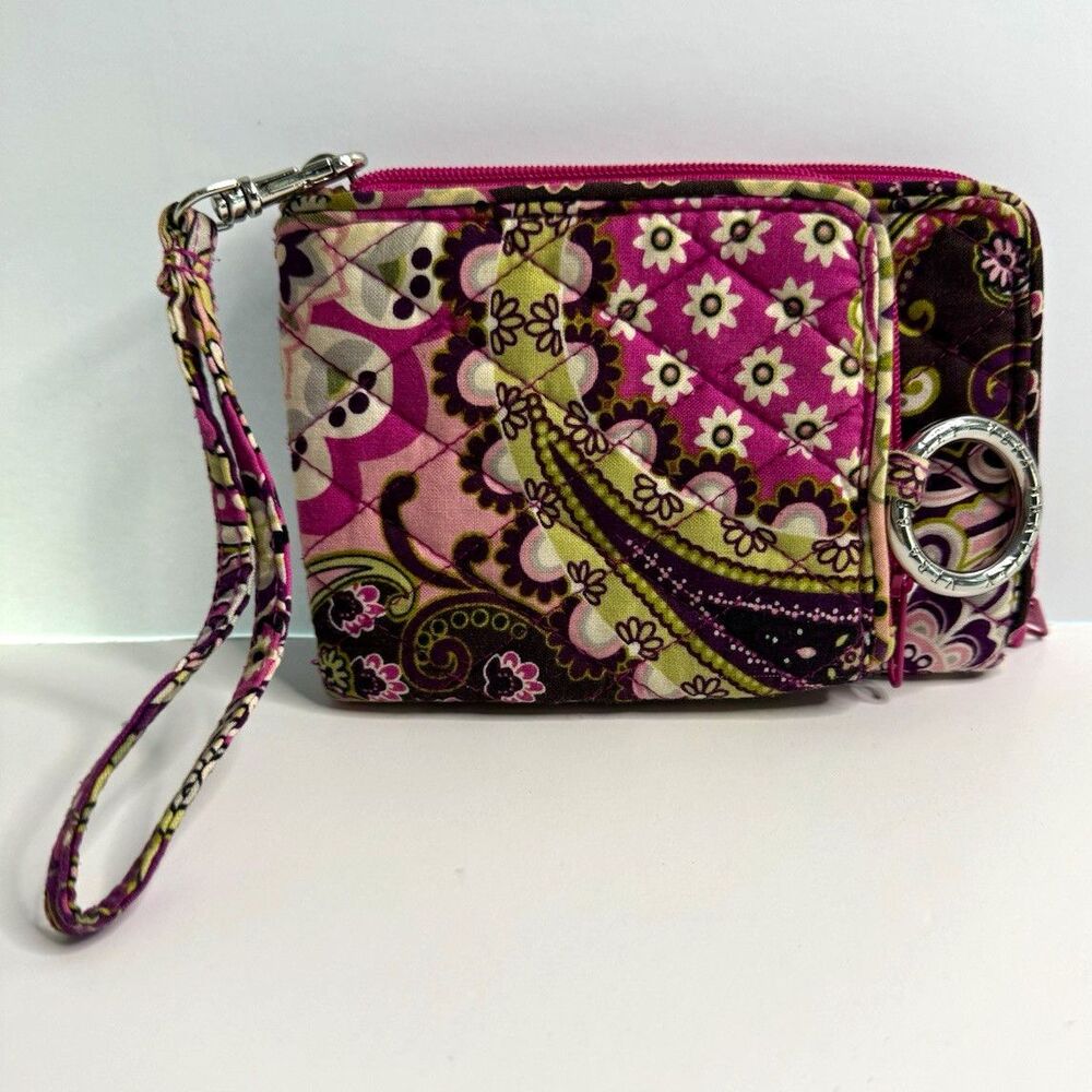 Quilted Paisley Floral Zip-Around Wristlet Wallet w/ Wrist Strap & Key Ring